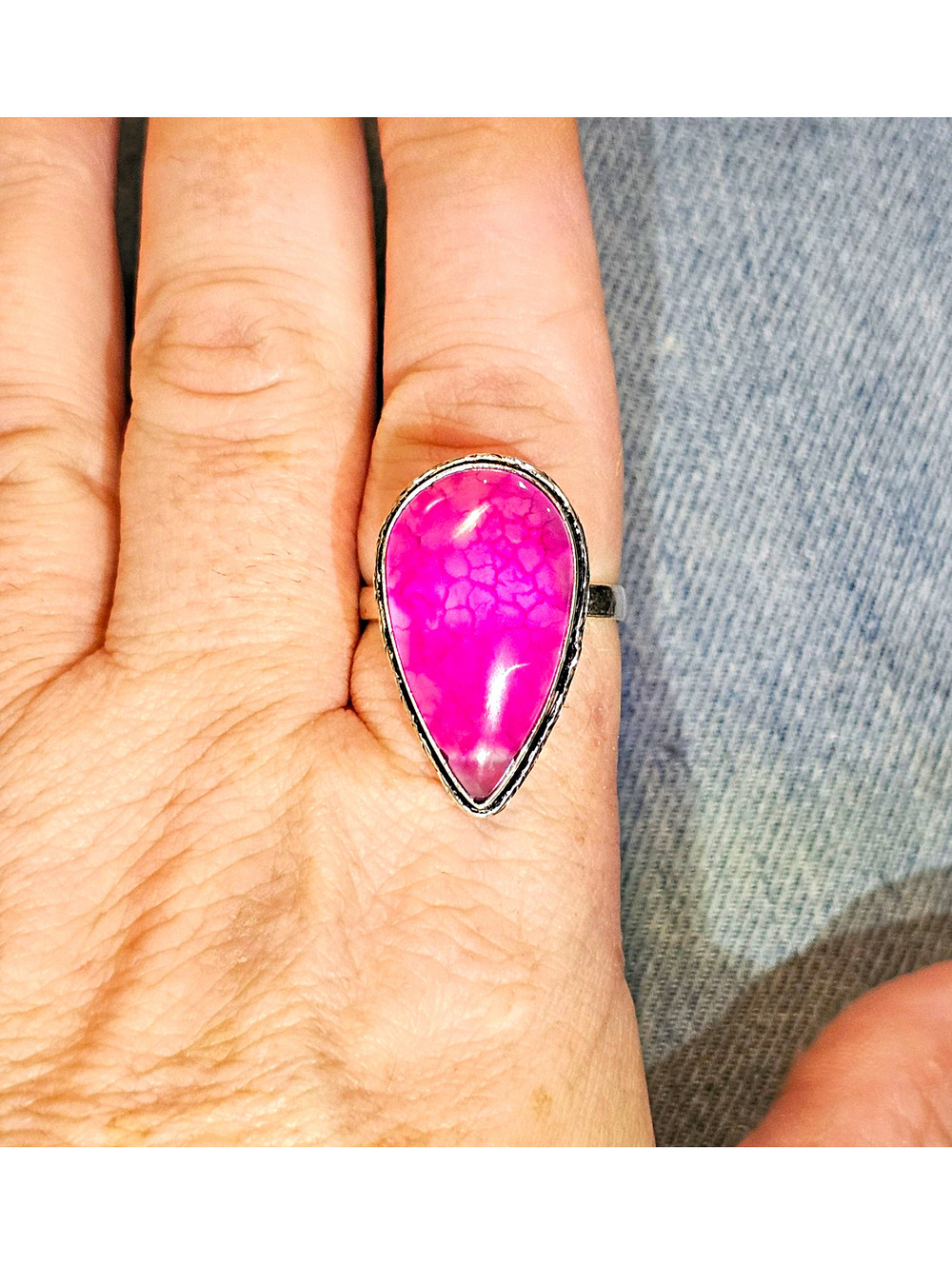 Bright Pink Natural Dragon Vein Agate Ring Pear Silver-plated Size 10